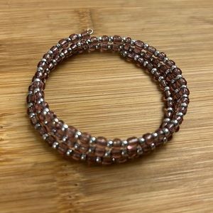 Beaded Wire Wrap Light Pink Plum & Silver Bracelet Metal & Stone Flexible